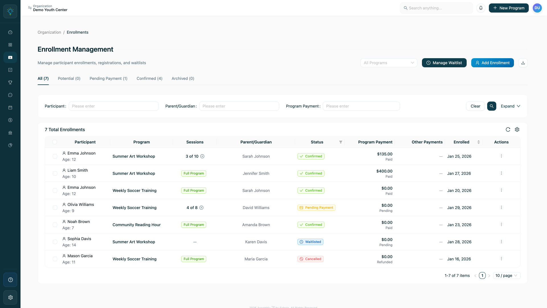 Assembly Enrollment Management screen listing participant registrations, payment status, and waitlist controls