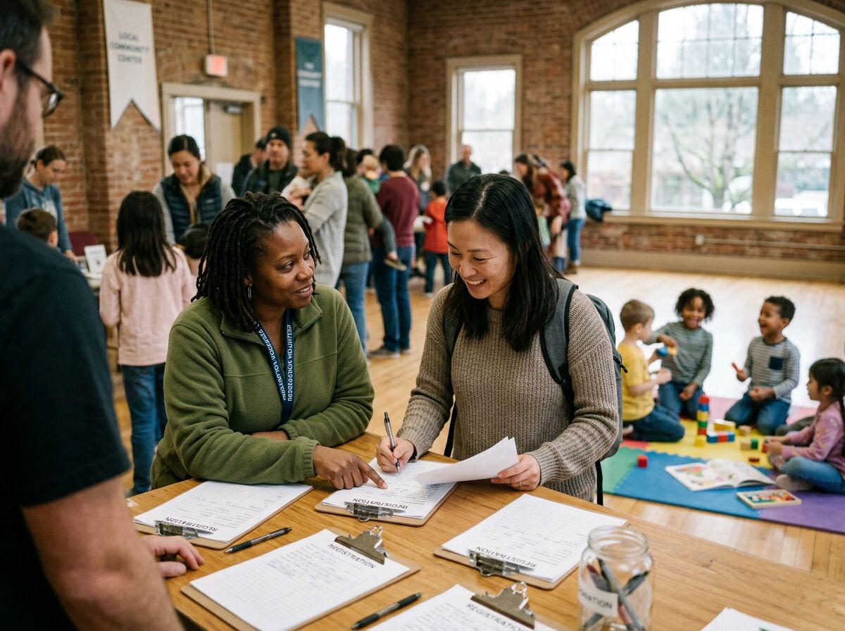 Community organizers helping a family register at a local program